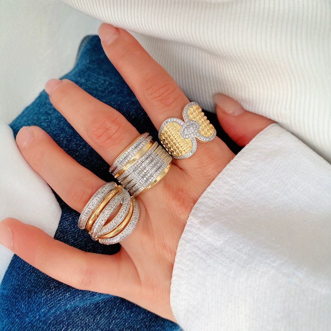 European and American fashion multi-layer line ring for women, retro round copper-plated 18K design, high-end zircon ring in ins full figure