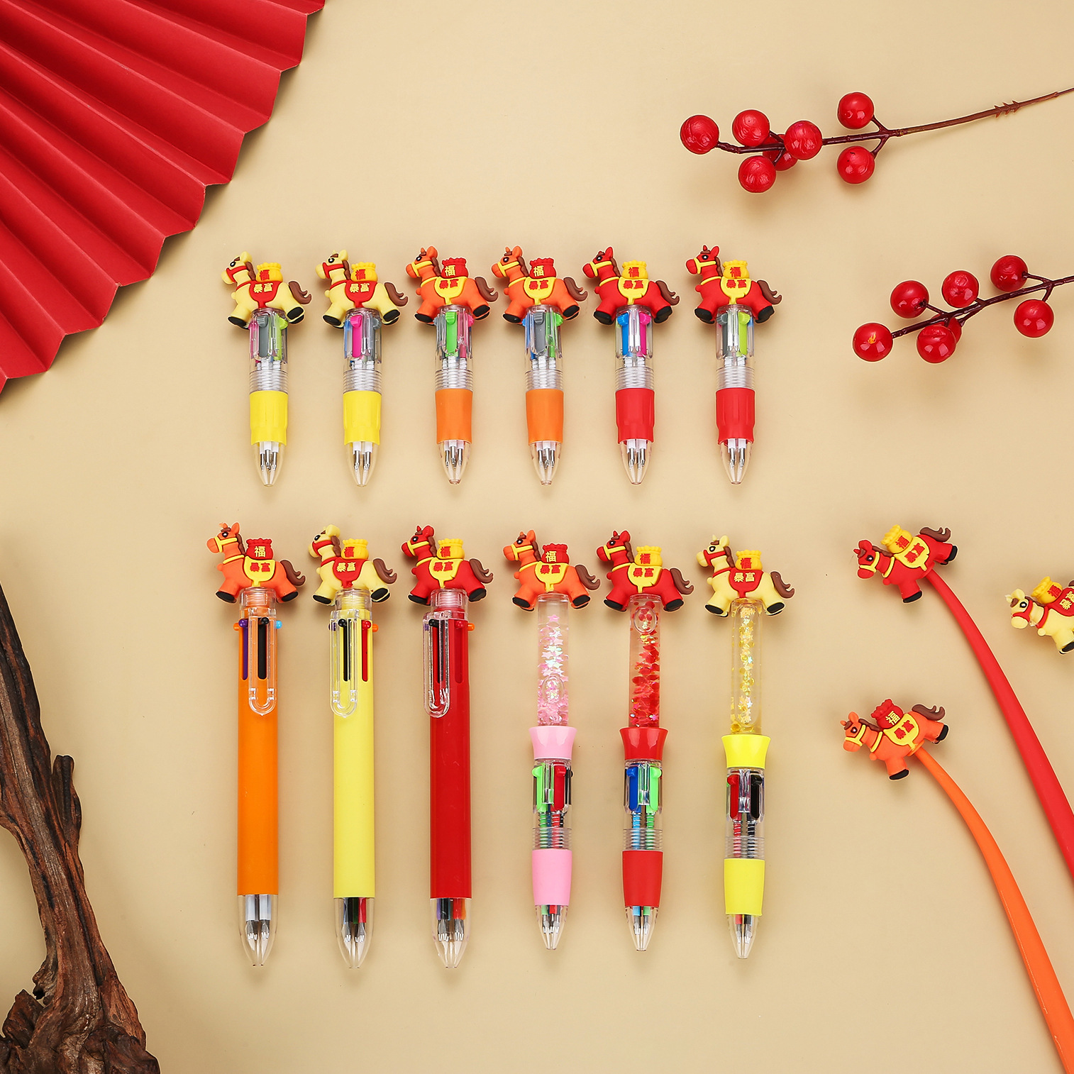 Cartoon high appearance level Little Horse Mini four-color Ballpoint pen, cute and portable 4-color student planner multi-color ballpoint pen Specification drawing