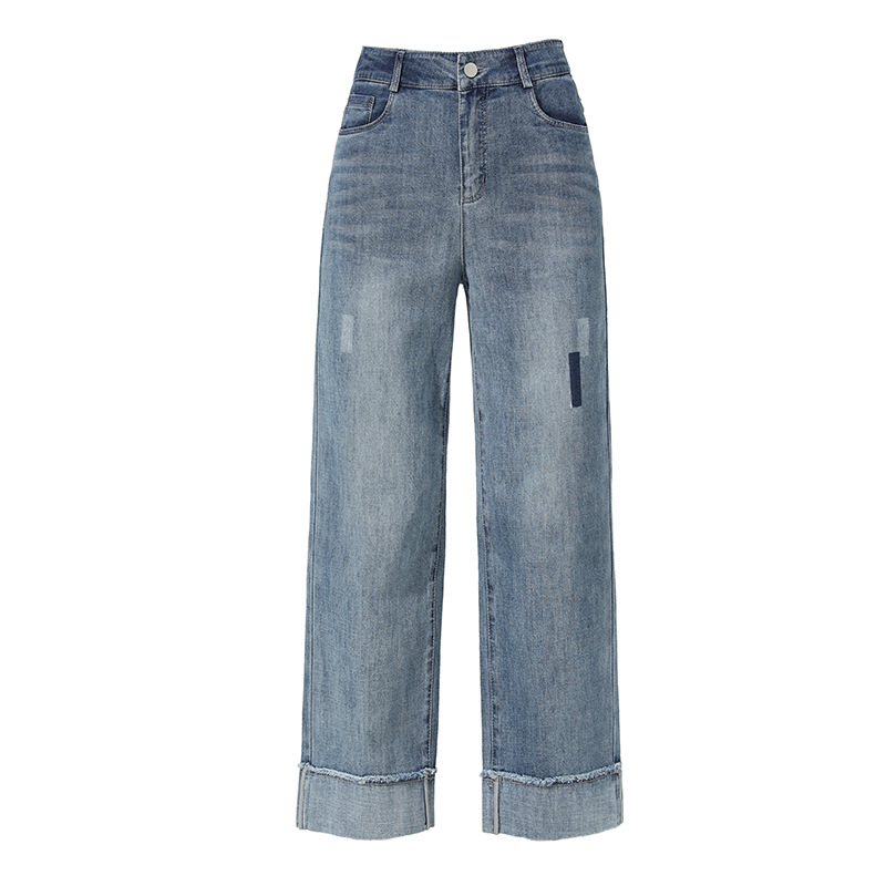 If 2026 Spring high-waisted denim straight egg roll pants for women with upturned fringed nine-inch narrow wide-leg pants 20153 Item Picture