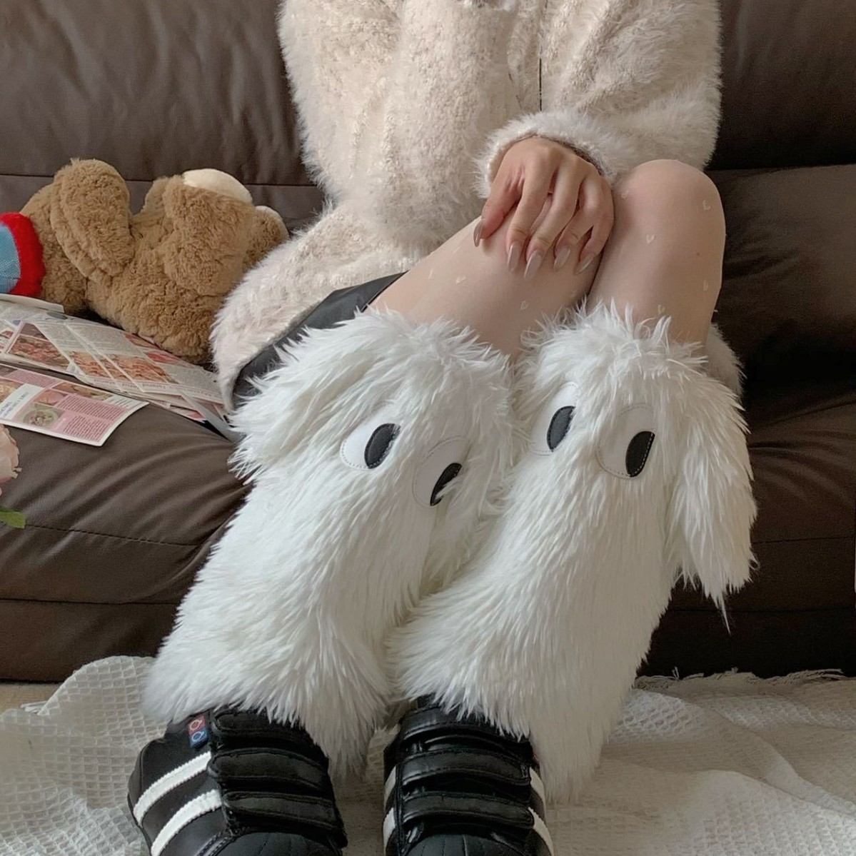 原创Y2K怪怪眼毛绒时尚保暖袜套毛毛腿袜保暖加厚腿套堆堆袜脚套