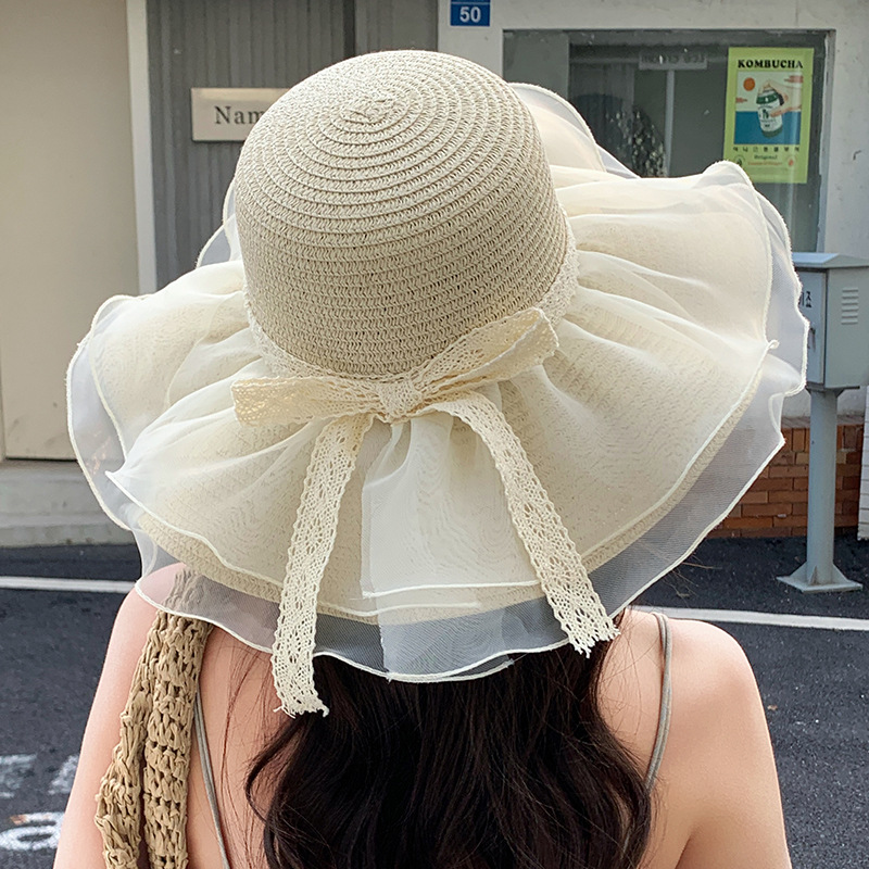 Summer bow sun hat Women's beach beach holiday sun hat Outdoor large brimmed sun hat sweet straw hat Application Scenario