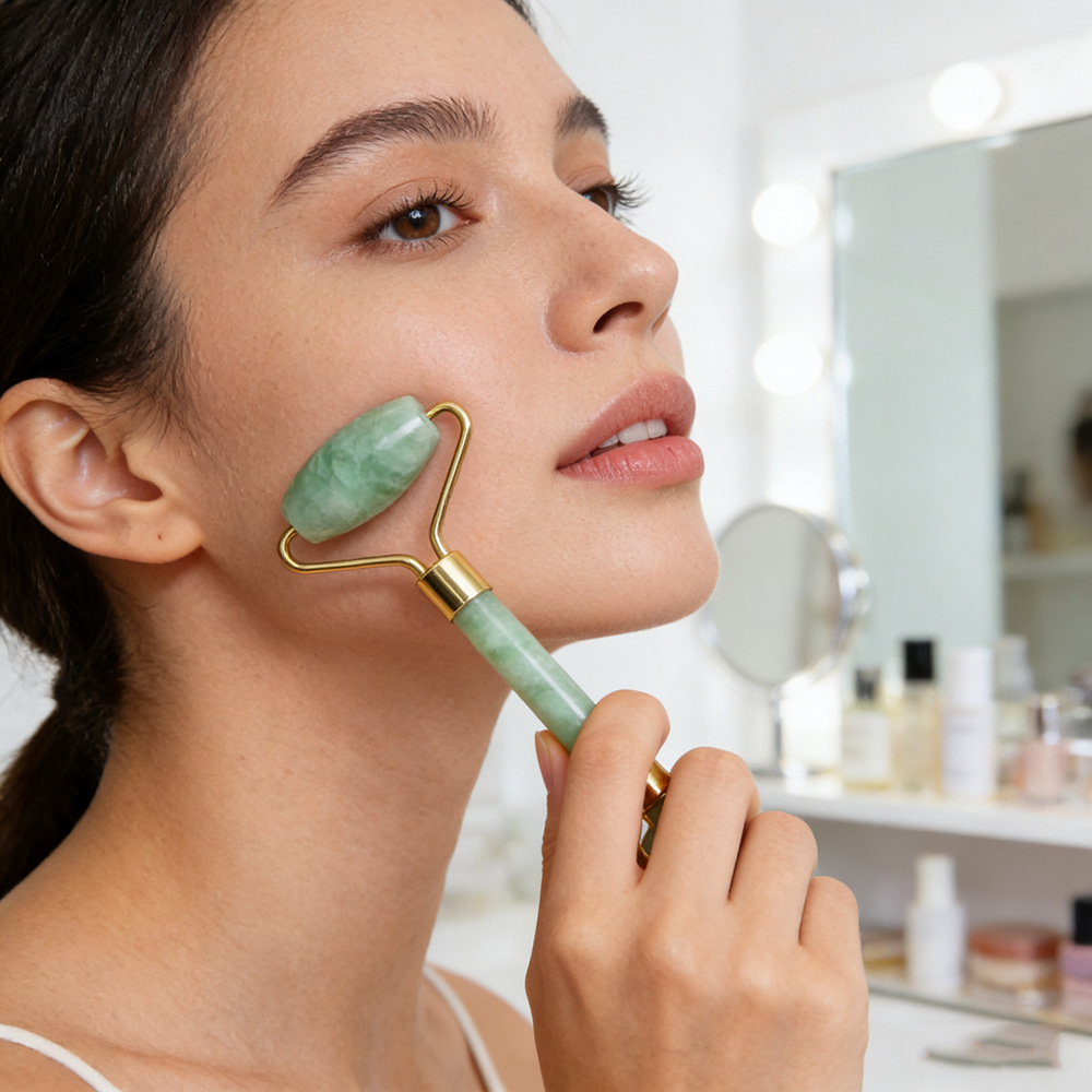 Natural white jade jade roller gua sha board massager, beauty container, facial and eye skin massage, jade beauty care details Picture