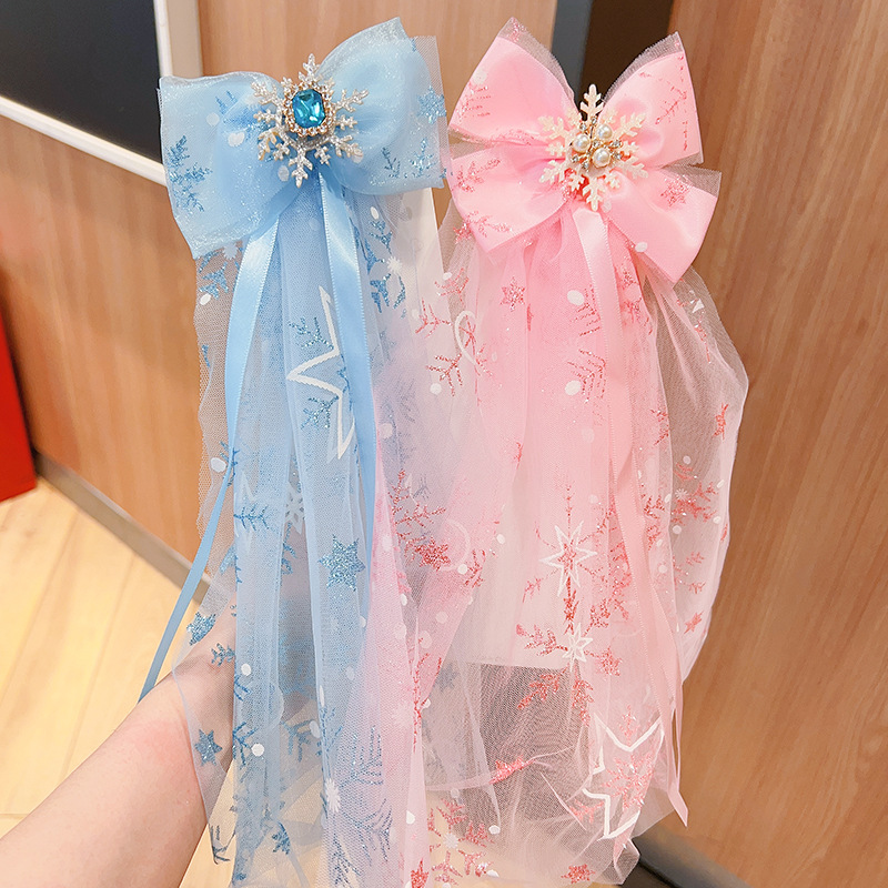 Children's hair accessories, princess super fairy bow hair clips, girls' gauze headscarves, ribbons, girls' hair flowers, pearl ice and snow hair accessories Application Scenario