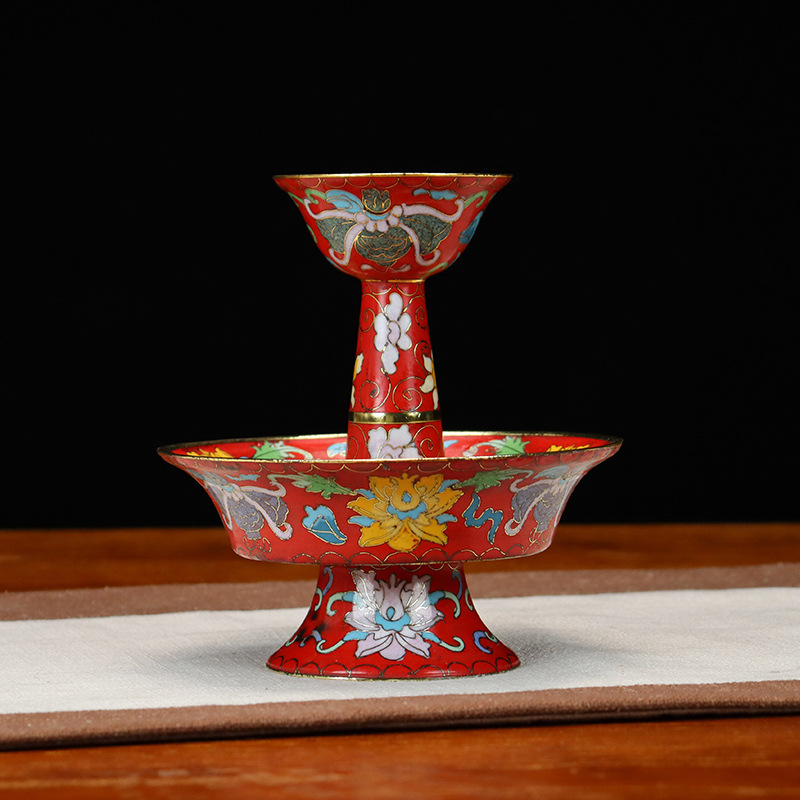 Cloisonne offering cups, traditional copper body, cloisonne enamel, polished, eight-auspicious, tray, double-layer offering cups