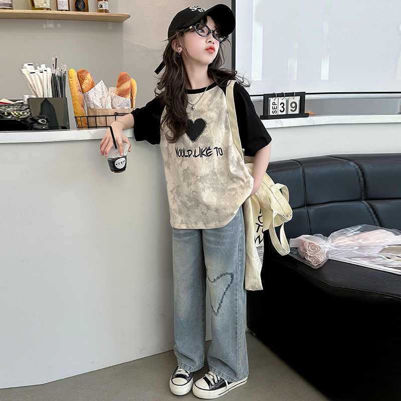 Girls' short-sleeved T-shirt, cotton summer dress, student print tie-dye, stylish girls, middle and senior children's half-sleeved top, summer trend Specification image