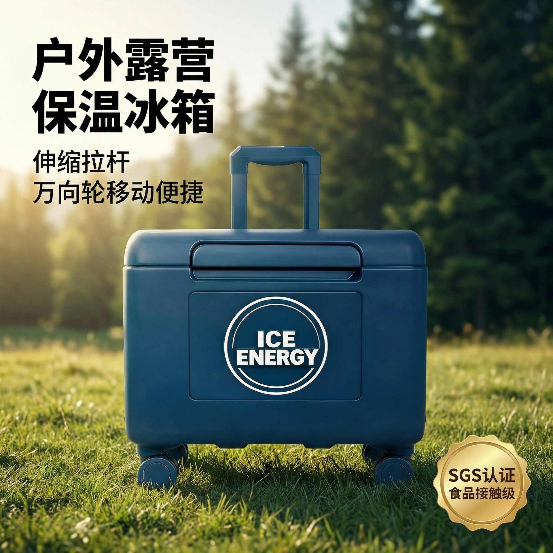 欧美户外露营轻量化铝镁合金保温箱万向滚轮车载拉杆式移动cooler