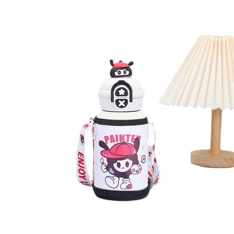 新款公仔儿童保温杯316不锈钢双饮吸管杯可爱幼儿园宝宝专用水杯白底实物图