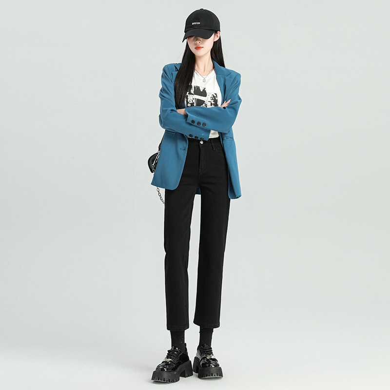 爆款超柔高腰小直筒牛仔裤女2024春季弹力黑色修身窄版烟管法棍裤