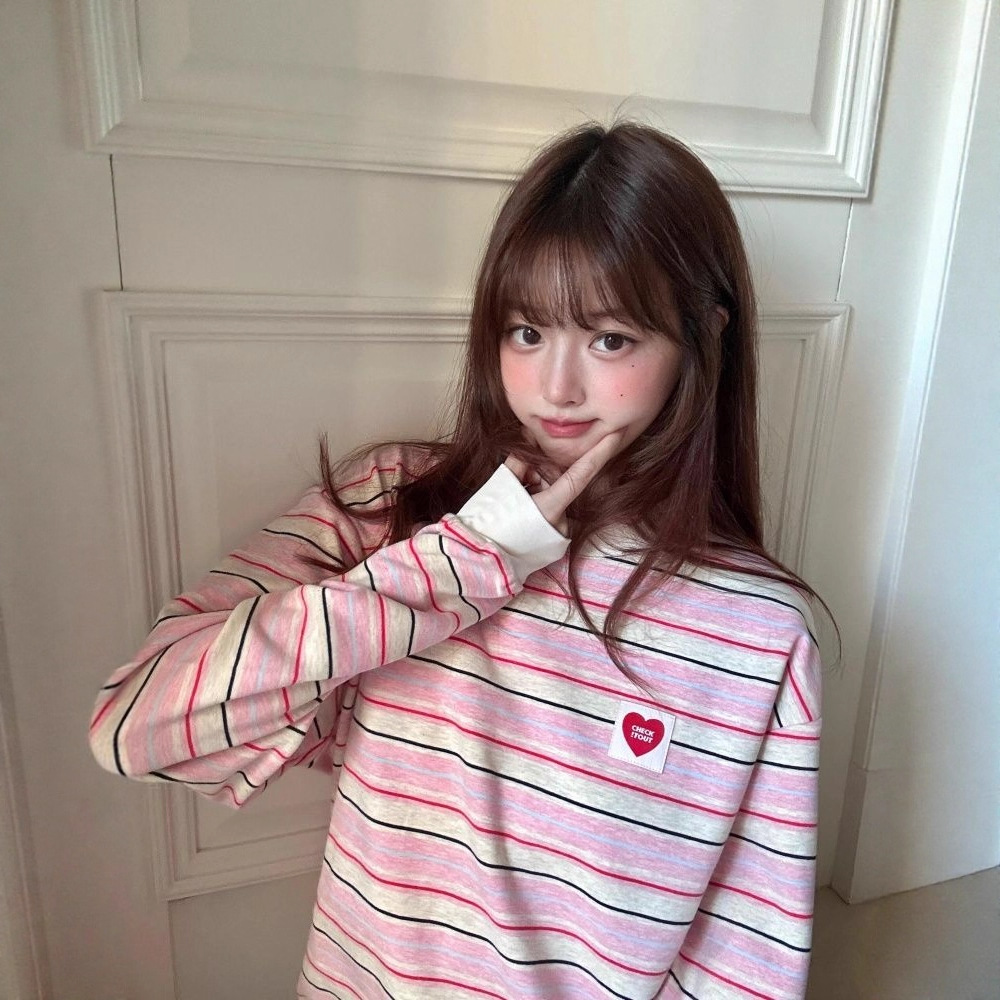 韩系甜美条纹圆领长袖t恤女秋季新款宽松显瘦慵懒风撞色百搭上衣产品图