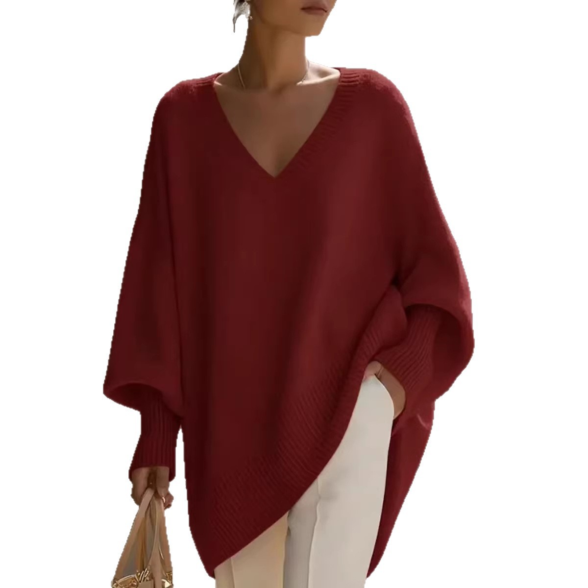 Independent station 2026 Spring Cross-border solid color long-sleeved V-neck laid-back style sweater women's loose knitted top Item Picture