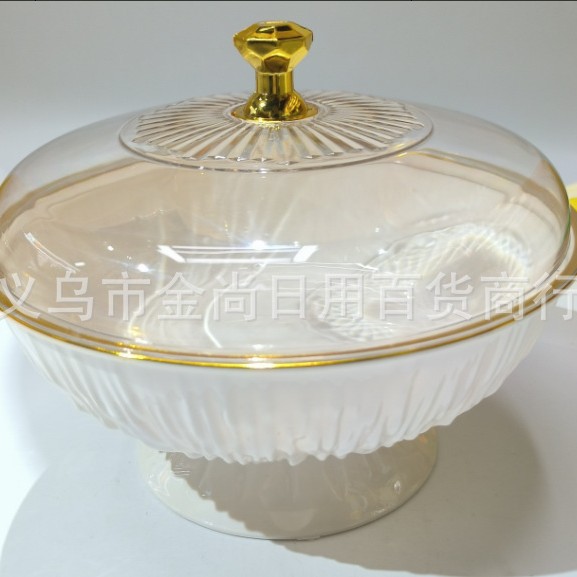 New plastic fruit plate with gold edge, lid and feet, food-grade transparent cake box, home snack and fruit storage plate details Picture