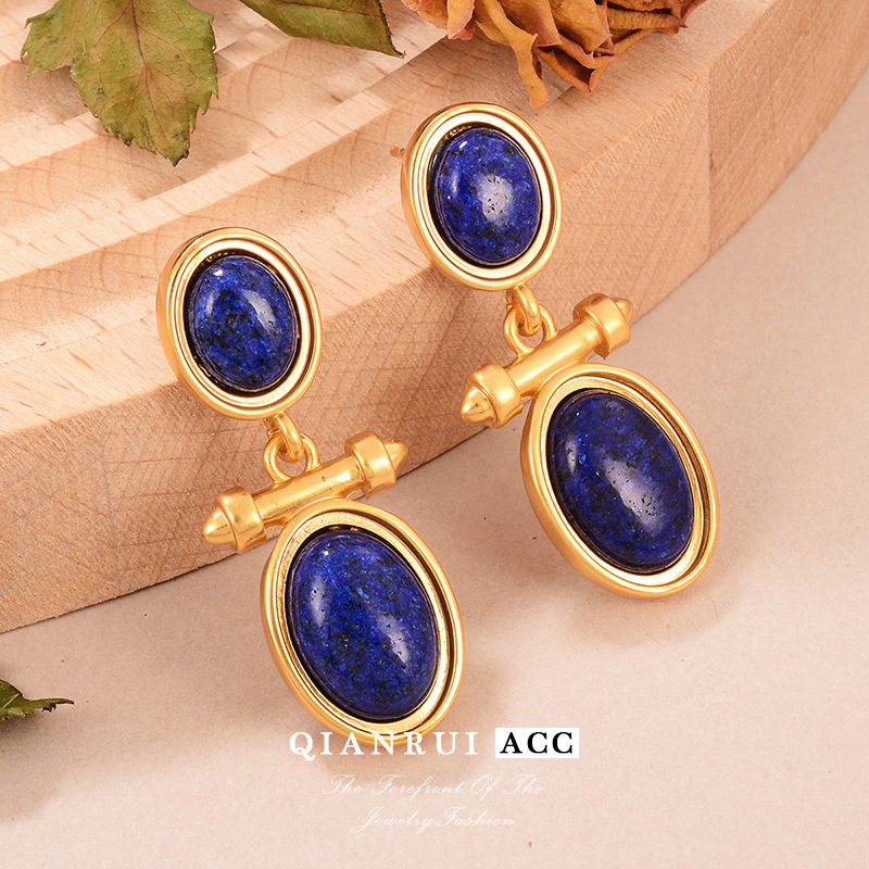 新款法式轻奢耳环高级感小众时尚气质复古中古s925银针耳饰品蓝色