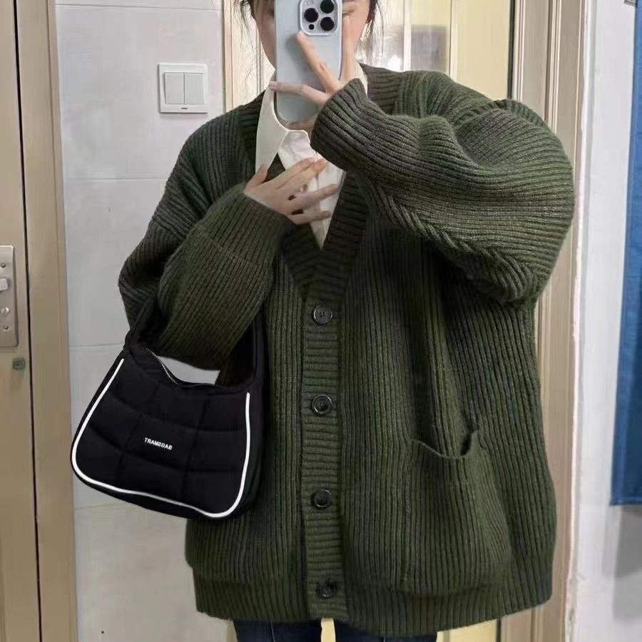 韩版V领慵懒风开衫2025新款日系简约毛衣女春秋冬休闲宽松针织衫产品图