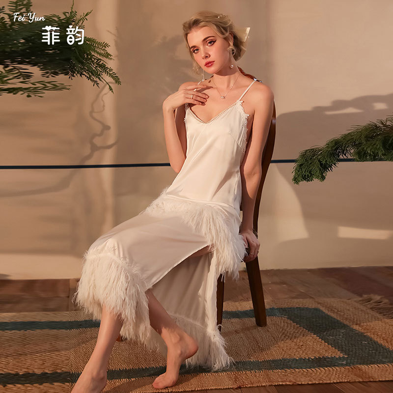 Feiyun's new sexy ice silk long water-soluble embroidered halter dress, slimming fleece home wear and pajamas for women 537 details Picture