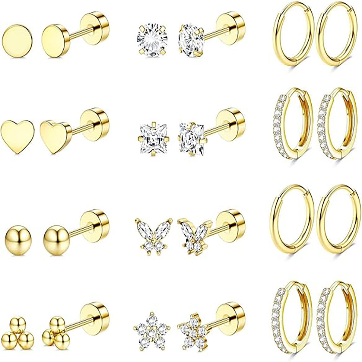 Amazon bestseller 15 pairs of simple stainless steel geometric stud earrings, golden stud earrings in stock, factory direct Item Picture