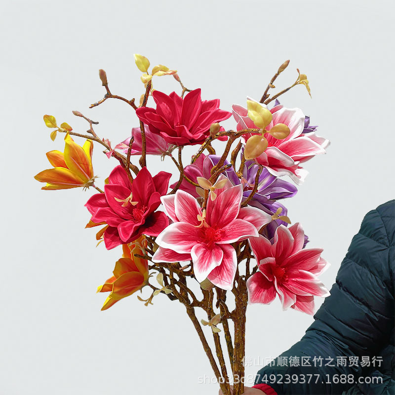 玉兰假花红色仿真花手感摆件塑料绢花批发阳台客厅装饰结婚年宵花详情图4