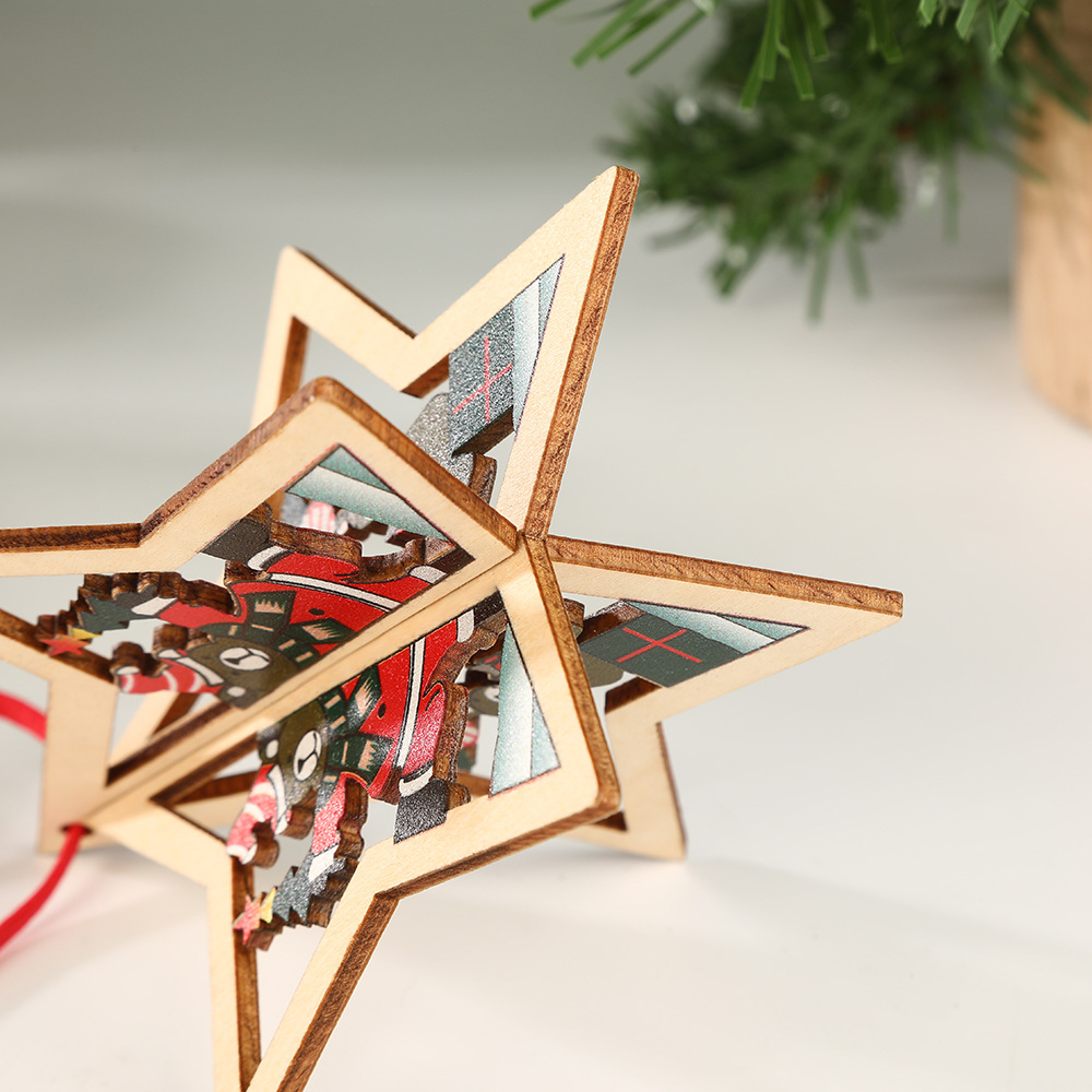 跨境圣诞树挂件派对装饰镂空木质挂件节日氛围感布置橱窗吊坠挂饰细节图