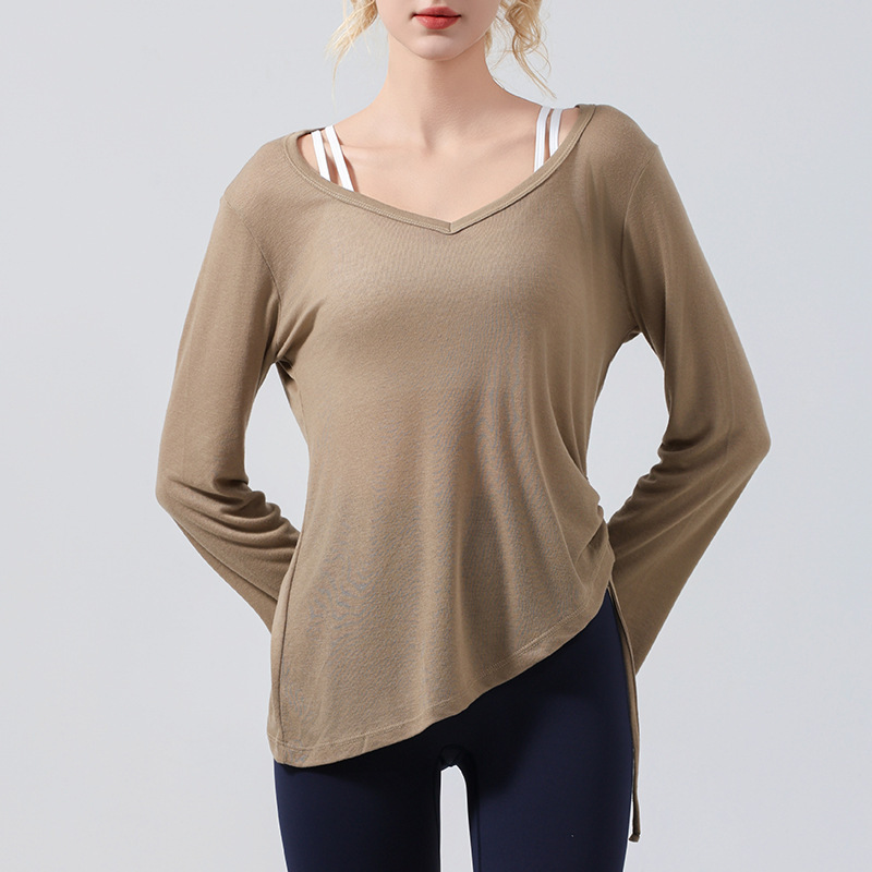 Flared sleeve sun protection smock, long-sleeved hip-covering women's pleated drawstring T-shirt, loose casual fitness short-sleeved yoga wear details Picture