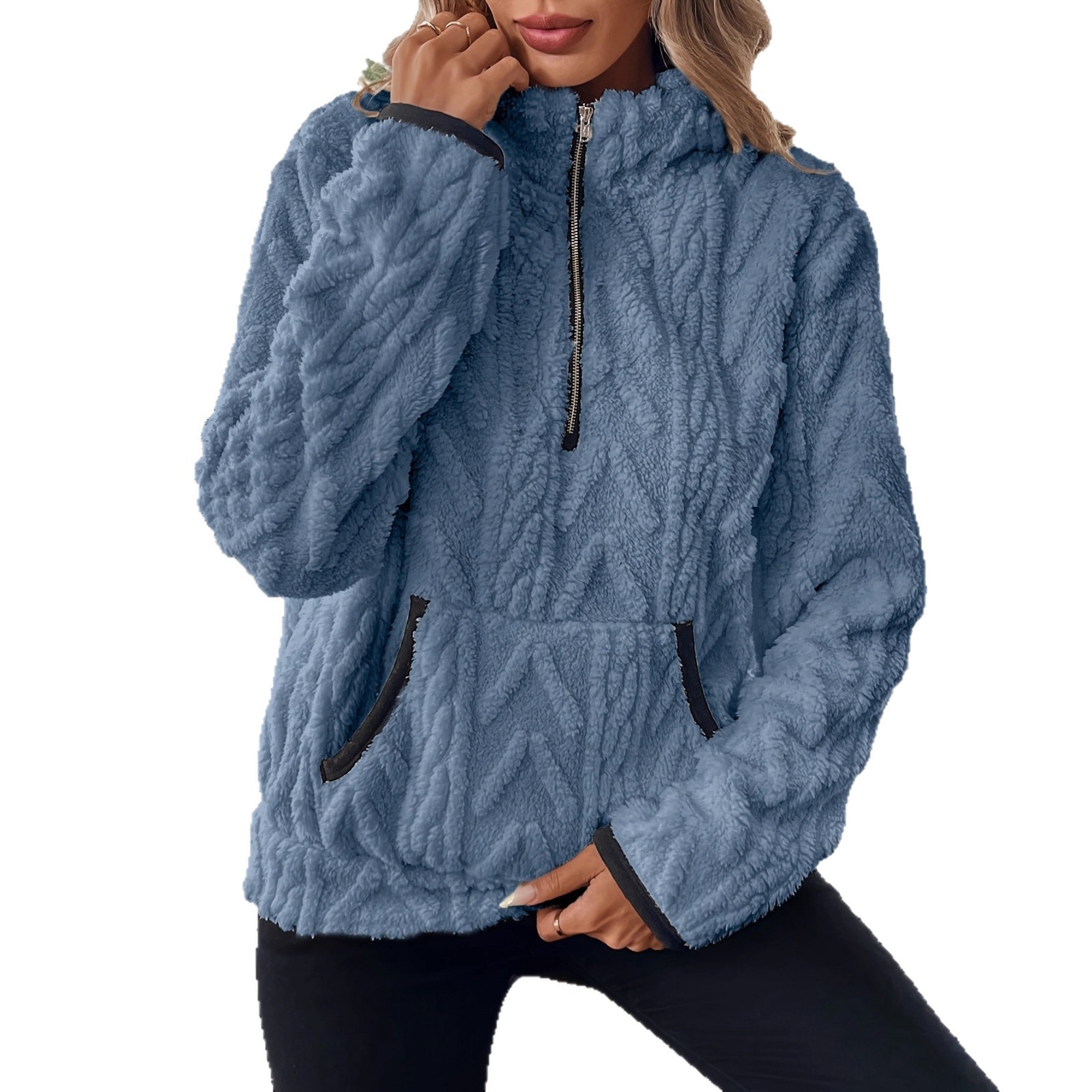 Cross-border 2025 Autumn/Winter new style European and American lapel chanel-style jacquard semi-zipper plush pocket short sweatshirt Item Picture