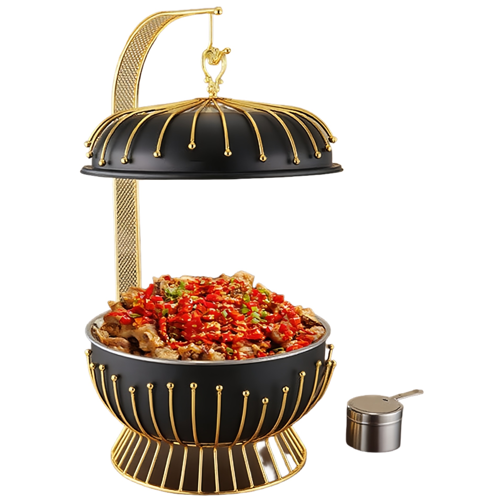 The hotel restaurant party features a new design of 8L stainless steel beaded hanging stove with multi-color buffet and fuel heating Specification drawing