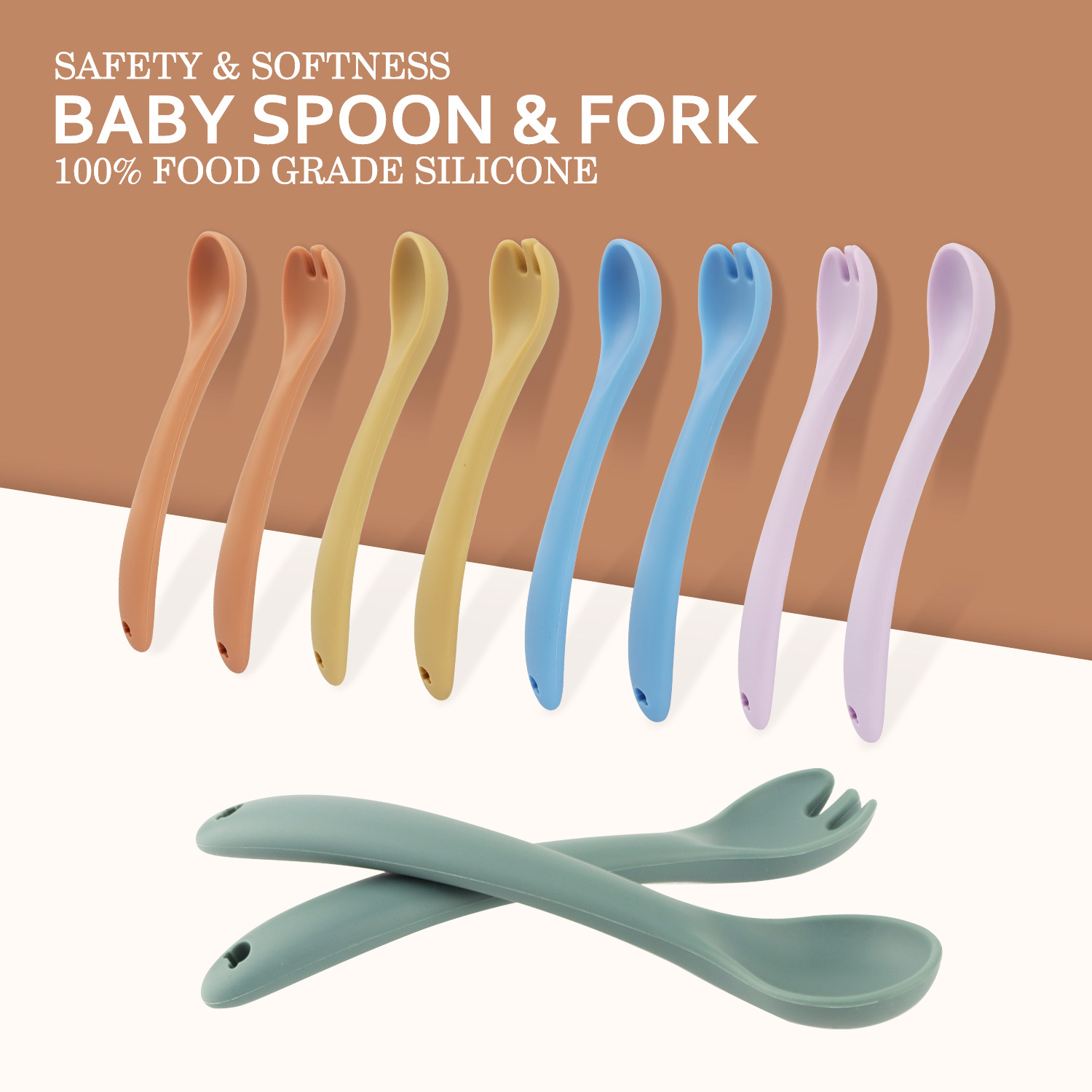 Children's complementary food soft-tipped silicone spoon, baby feeding spoon, feeding small curved spoon and fork, fruit puree feeding tableware, universal type full figure