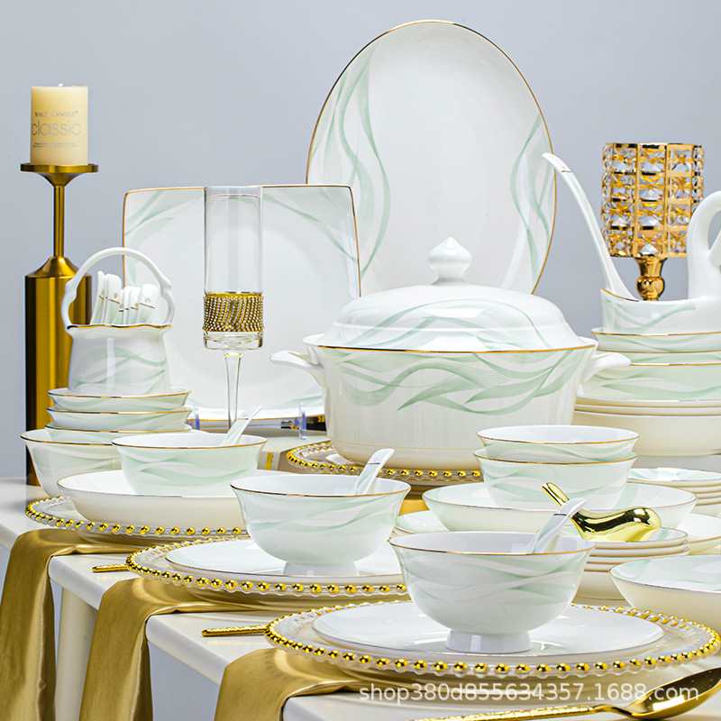 2025新款高温釉下彩景德镇骨瓷餐具碗碟套装家用中式乔迁定制礼品