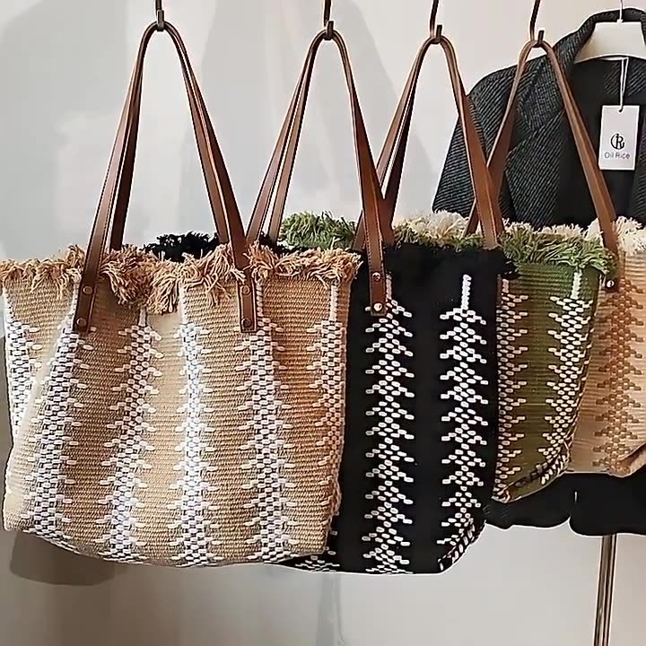 Cross-Border Canvas Bag, Fringed Handbag, Large-Capacity Portable And Simple Tote Bag, Cotton And Linen Bag, Versatile Commuting Single-Shoulder Bag, Beach Bag, Fringed Woven Bag, Women's Single-Shoulder Handbag, Tote Bag, Women's Canvas Bag