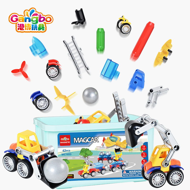 42pcs bucket diy educational magnetic car set, children's assembly magnetic versatile aircraft engineering car building block wholesale details Picture