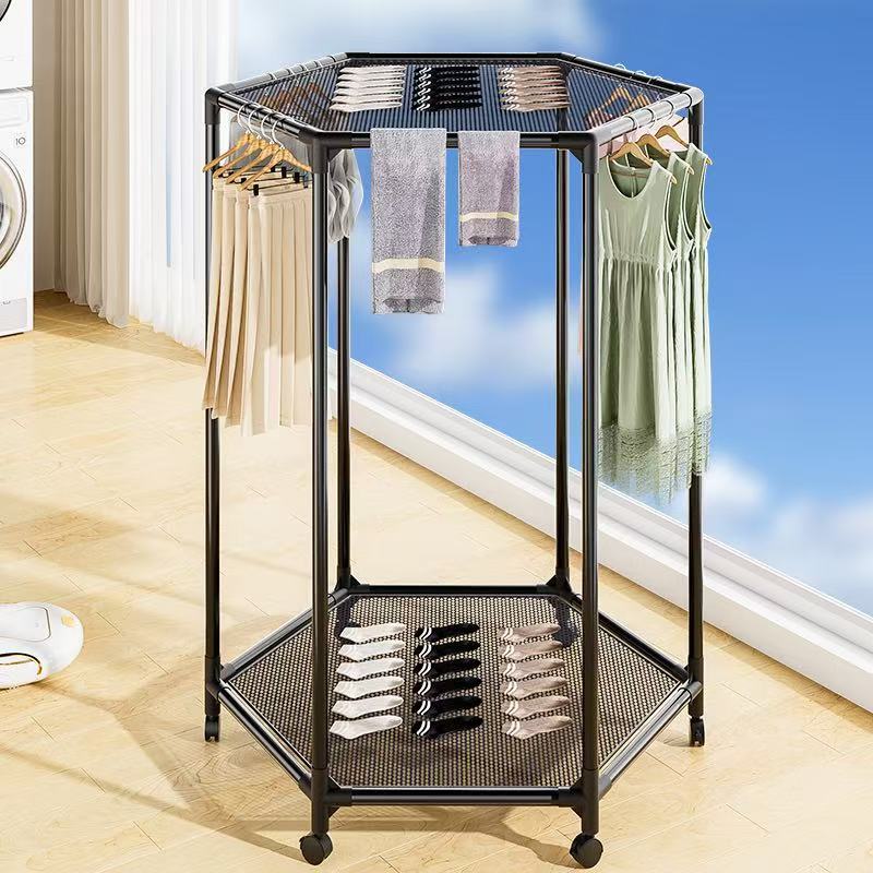 Hexagonal rotating clothes rack, floor-standing multi-layer clothing storage rack with grid layers for shoes, cross-border supply Application Scenario
