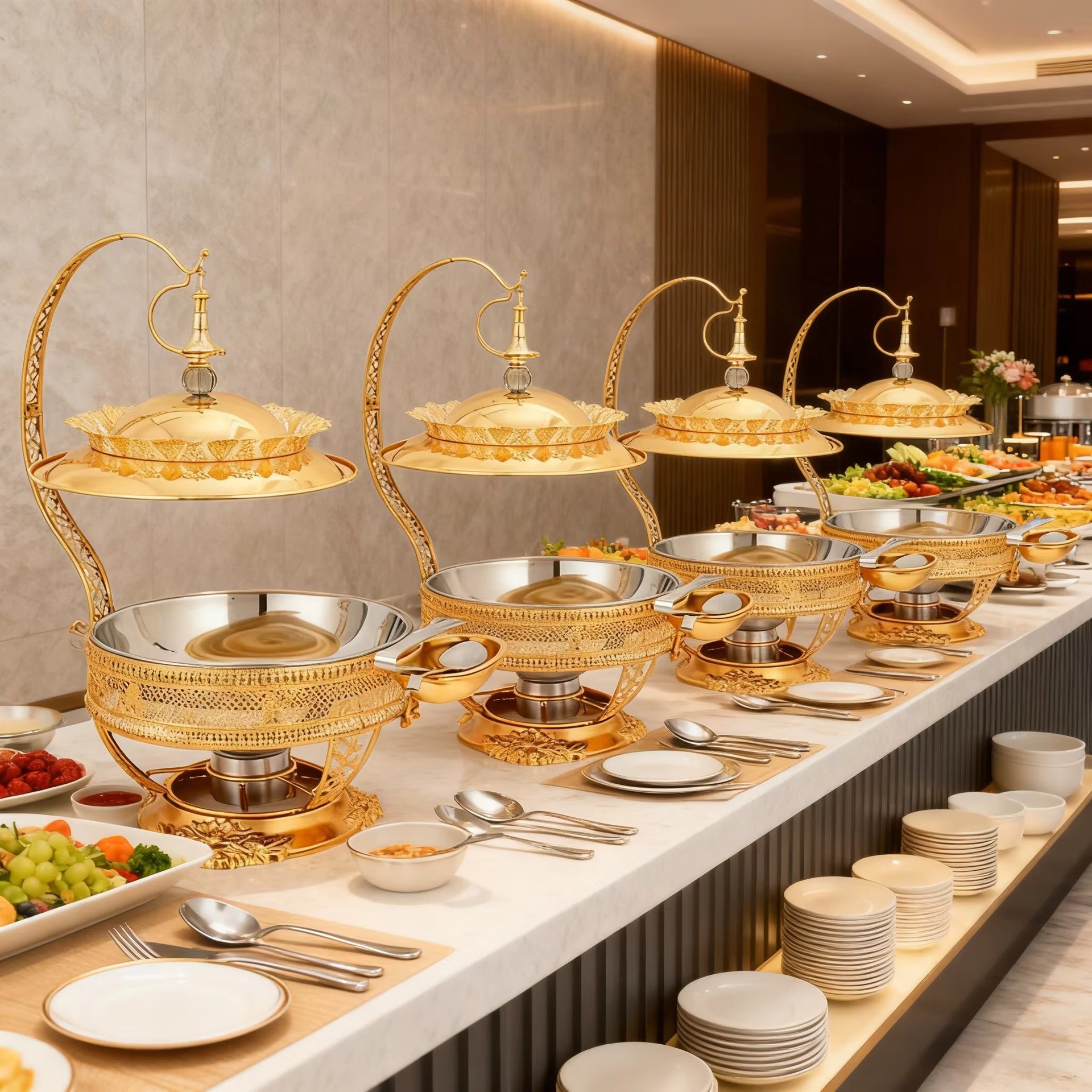 Cross-border supply luxury stainless steel golden alcohol stove, hotel restaurant buffet stove, hanging lid insulated stove details Picture