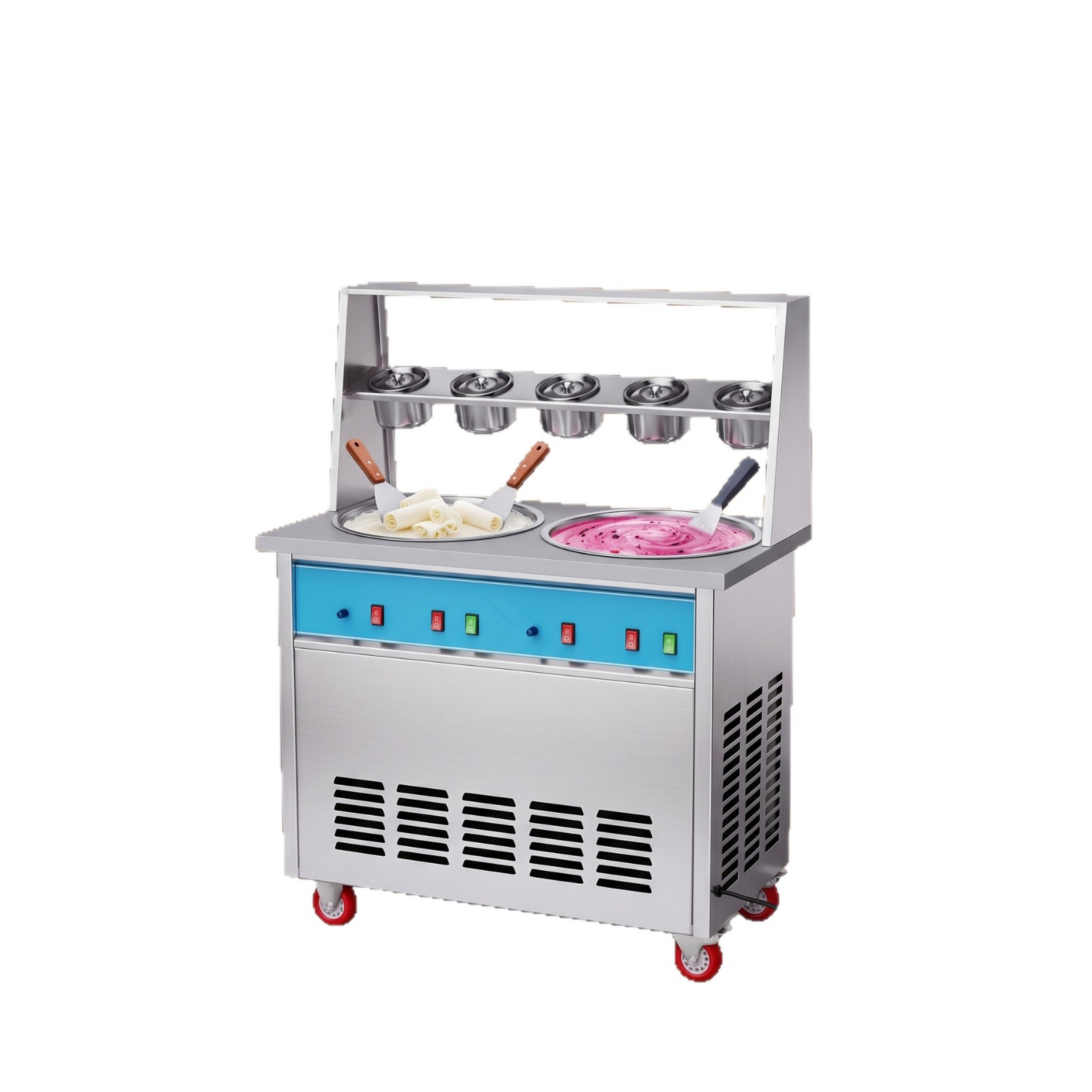 The Cross-mirror foreign trade dedicated commercial fully automatic ice stir-frying machine is used for night market street vending, ice cream, and cold drink making Item Picture