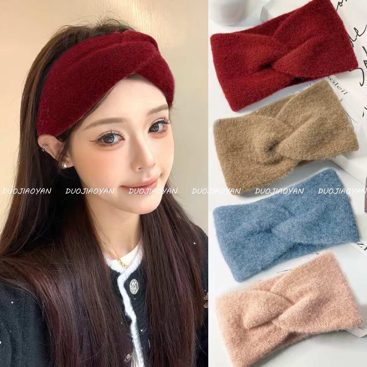 The new retro cross-knitted woolen hair for autumn and winter features a wide band, soft and high-end feel, warmth, windproof, forehead protection and feminine charm full figure