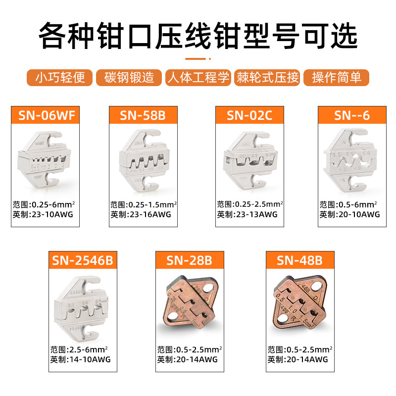 The SN ratchet type wire crimping pliers mold head, crimping pliers module, terminal pliers accessories, and the installation thickness of the crimping mouth is 4mm Application Scenario