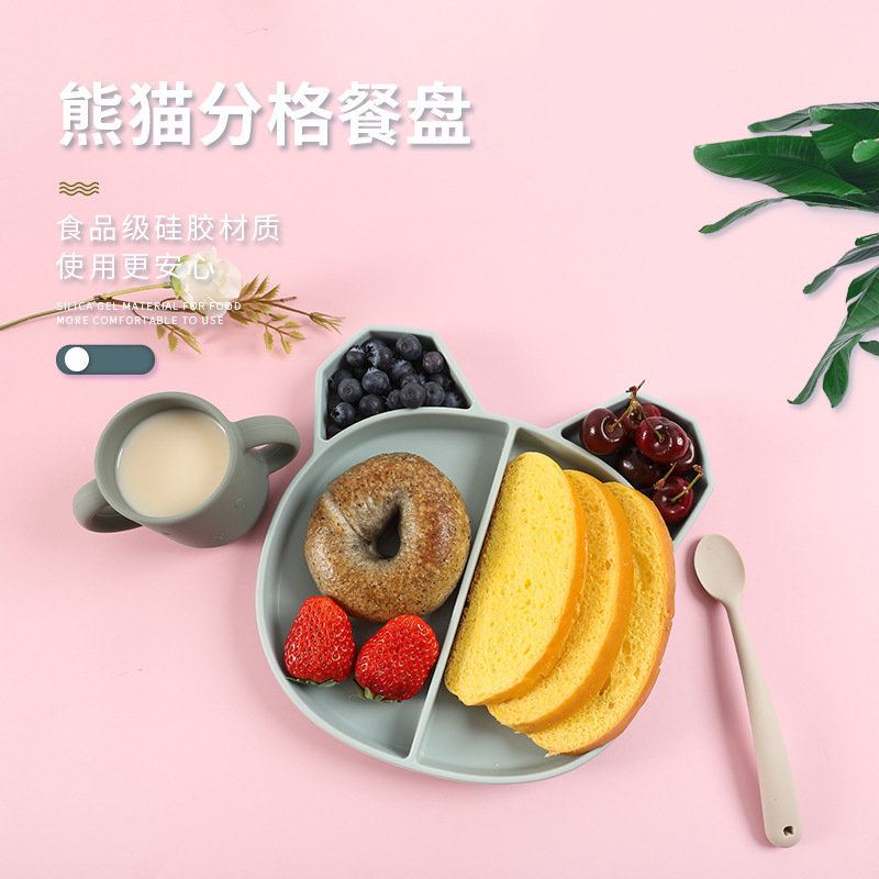 宝宝食品级硅胶餐具卡通熊猫分格餐盘婴儿辅食碗训练餐具批发详情图1