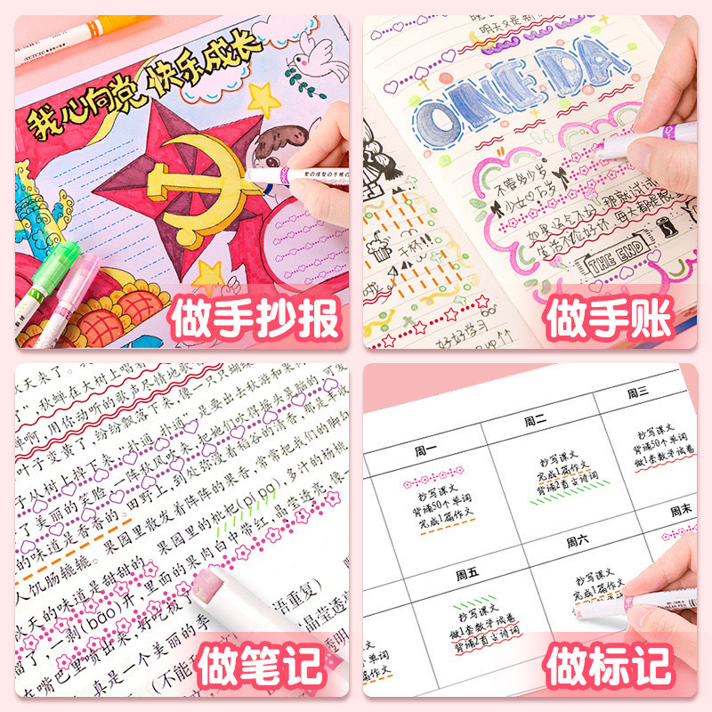 Wholesale of 6-color box-shaped contour pens, curve pens, school supplies, planner pens, marking pens, and double-headed highlighters Application Scenario