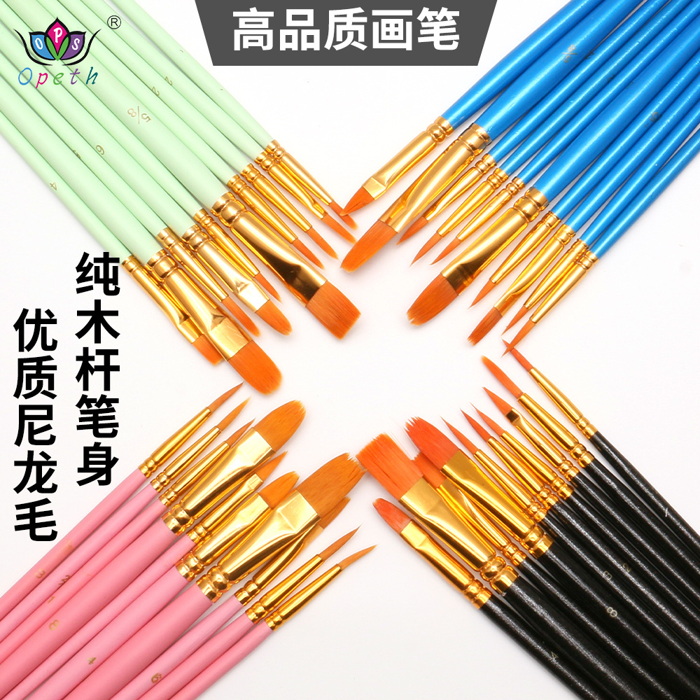 Cross-border 10-piece wooden digital oil painting brush set, art painting outlining brushes, gouache and watercolor brushes, makeup brushes details Picture