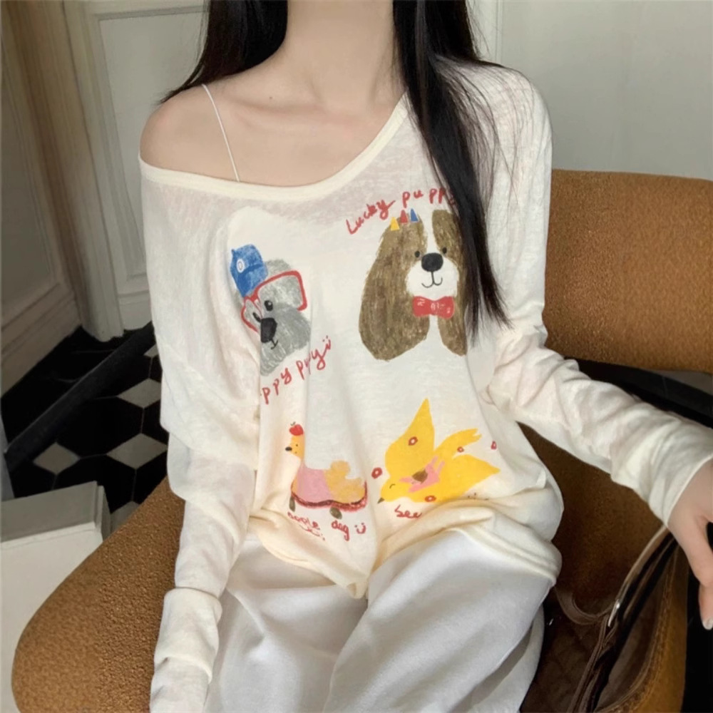 小众趣味印花长袖T恤女薄款防晒上衣秋季设计感时髦慵懒宽松罩衫