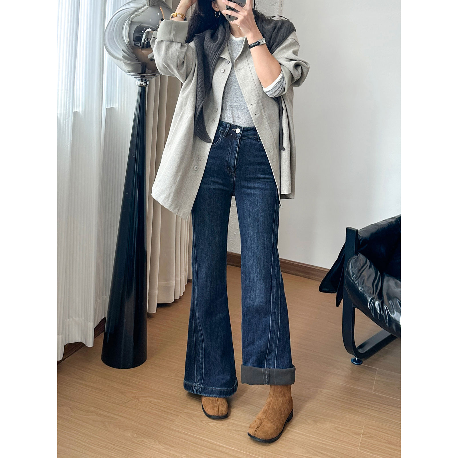 Jiawei 2025 Winter coffee-soled fleece flared jeans for women, thickened and fleece for warmth, Zhongshan Application Scenario