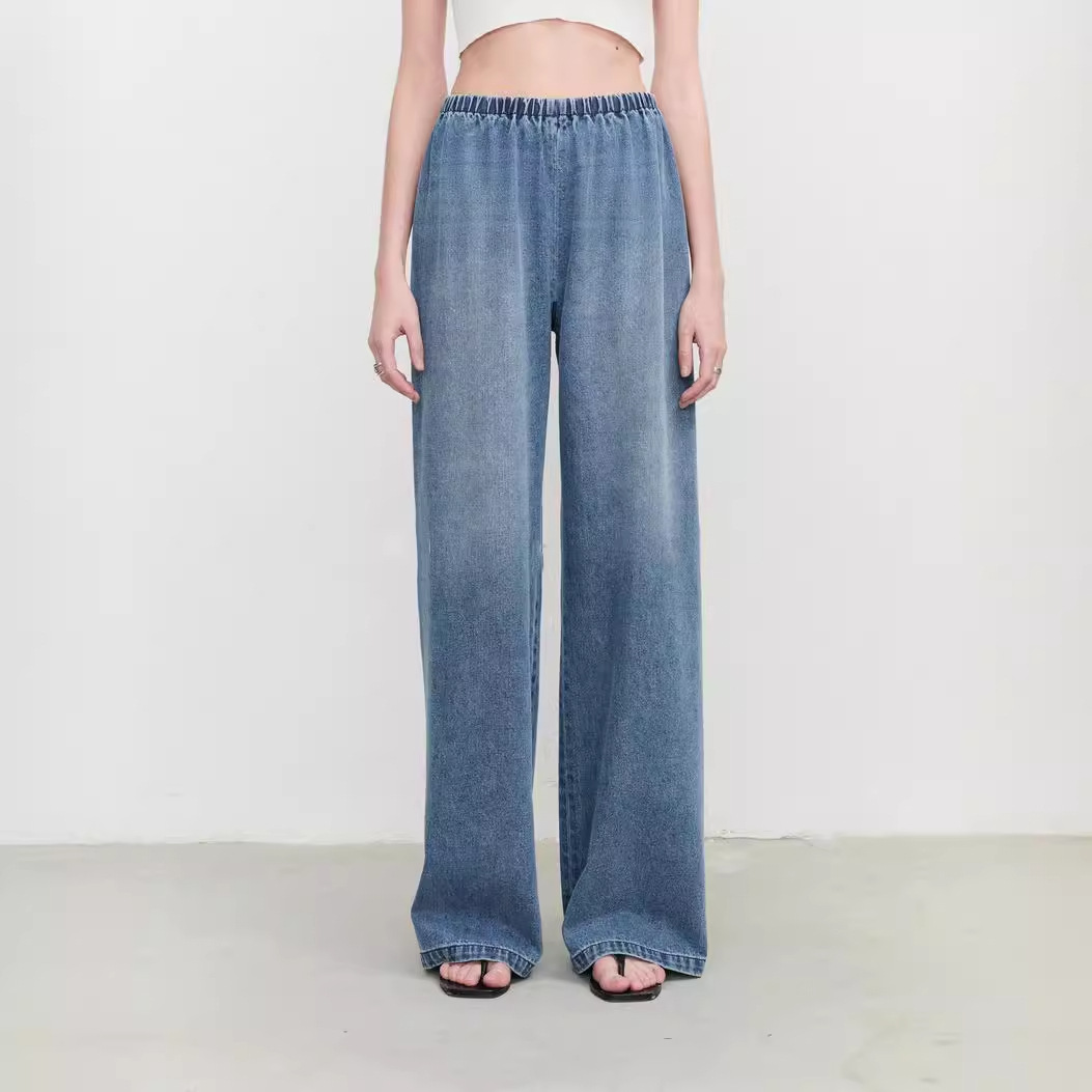 【UpperClass系列】丹宁风百搭牛仔蓝长裤女天丝松紧腰阔腿牛仔裤