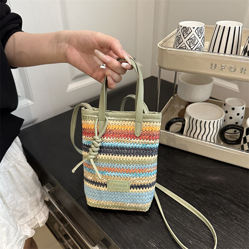 Cross-Border Straw Weaving Bag, Fresh And Light Straw Weaving Mobile Phone Bag, Women's Crossbody Single-Shoulder Straw Bag, Straw Weaving Fashionable Women's Bag, Simple And Versatile Handbag, Hand-Held Bag, Handcrafted Straw Weaving Mobile Phone Bag
