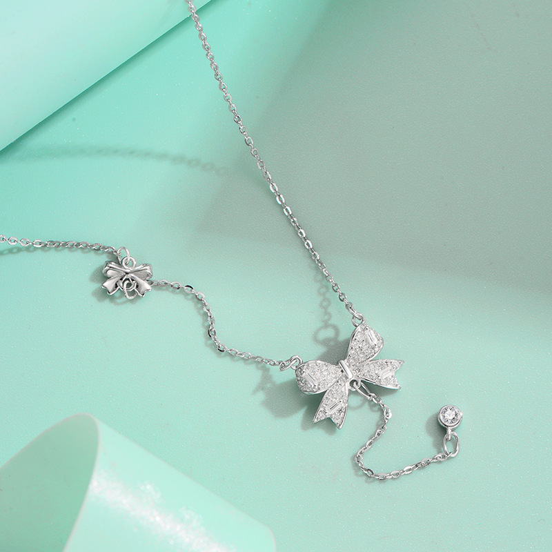 925 silver necklace, women's niche national trend, full diamond tassels, elegant and individual, bow pendant, collarbone chain accessory wholesale details Picture