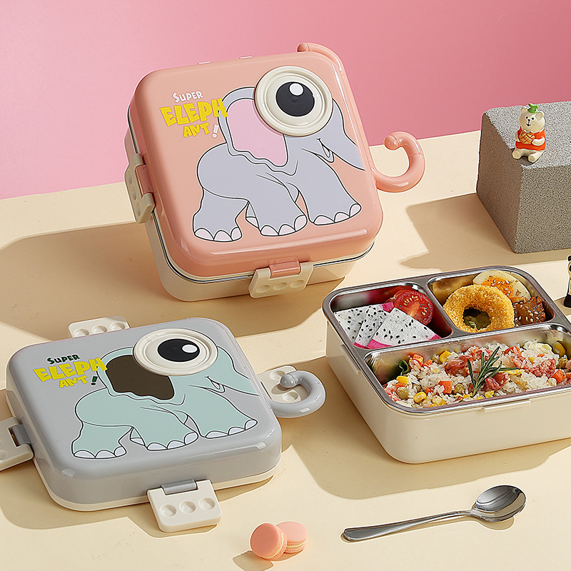 Stainless steel cross-border children's lunch box, cartoon elephant sealed with sauce cup, special student lunch box with compartments details Picture