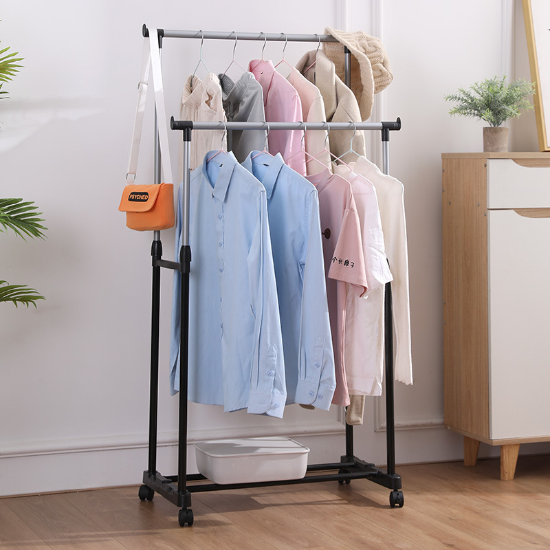 Single and double bar clothes drying poles, floor-standing multi-functional steel pipe simple drying racks for small-sized family bedroom balconies with wheels Specification image
