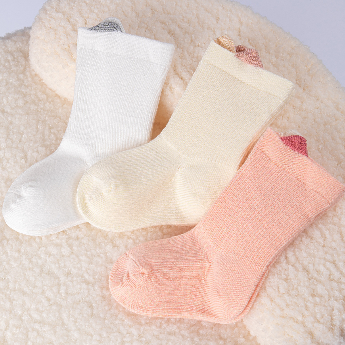 婴幼儿袜子春秋宝宝中筒袜0-3岁纯色立体小耳朵儿童袜子A类跨境