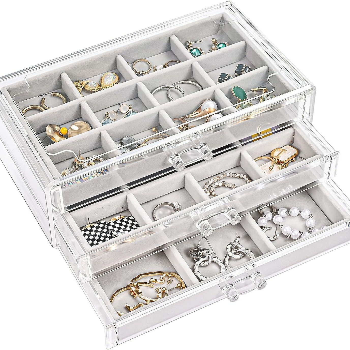 Cross-border Amazon transparent jewelry box, 3-layer women's jewelry organization, velvet drawer, ring and earring, desktop storage Item Picture