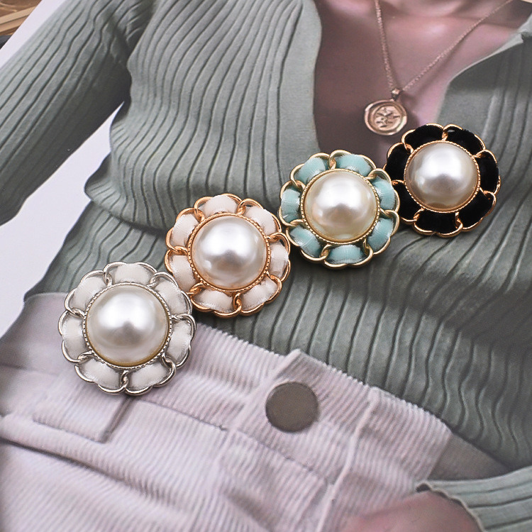 小香风名媛珍珠金属纽扣绒布女士花型针织开衫装饰扣毛衣呢大衣扣