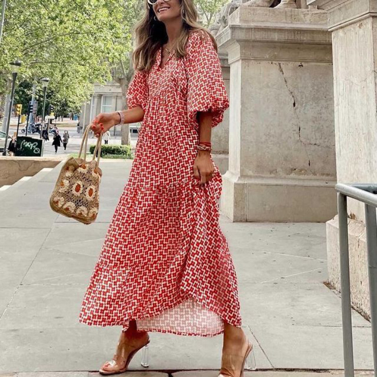 The popular geometric printed puffed-sleeve dress on the independent store in the autumn is a large-sized women's dress that is going viral on the streets Specification drawing