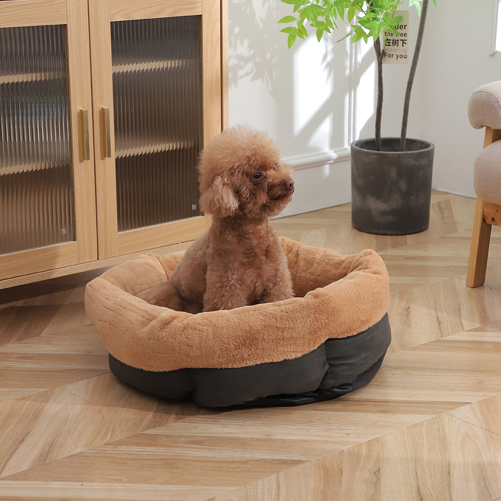 Winter fleece thickened pet sleeping beds, thickened rabbit fur turned out, pet round beds, thickened anti-slip bottom dog beds wholesale