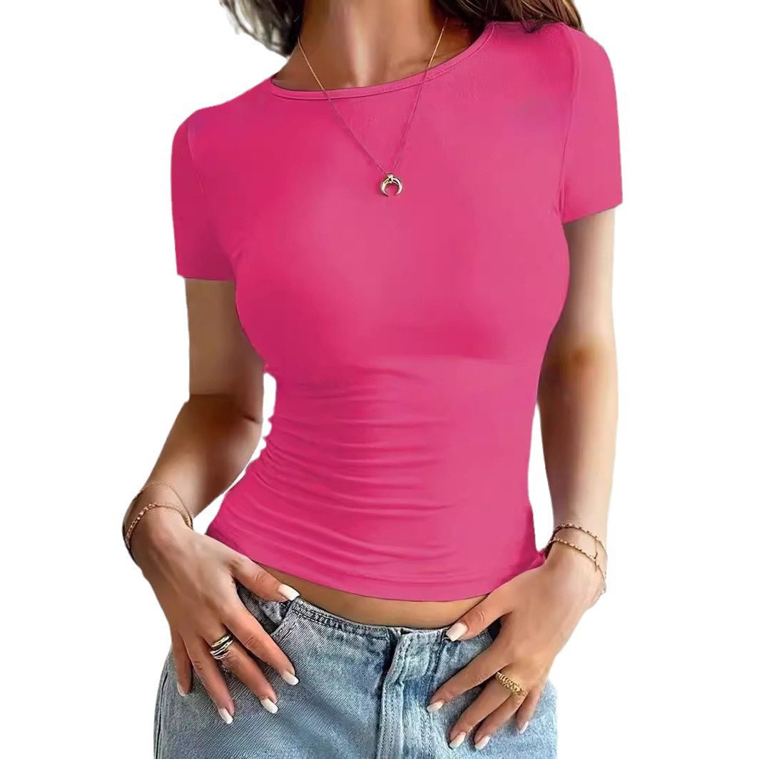 2024 amazon temu blast estilo europeo y americano estilo corto slim cuello redondo manga corta camiseta comercio exterior transfronterizo Item Picture