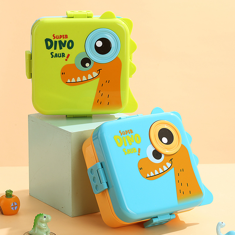 Dinosaur sauce cup lunch box, plastic PP microwave heating tape rice box, double-layer separated salad lunch box wholesale details Picture